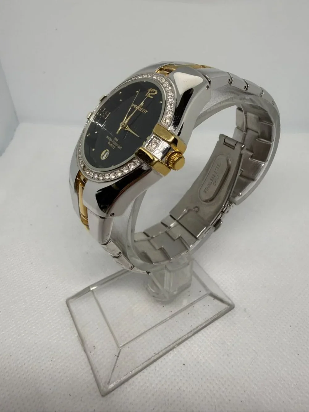 Peugeot Men's Black Dial Crystal Bezel Two-Tone Bracelet Quartz Watch 139BK